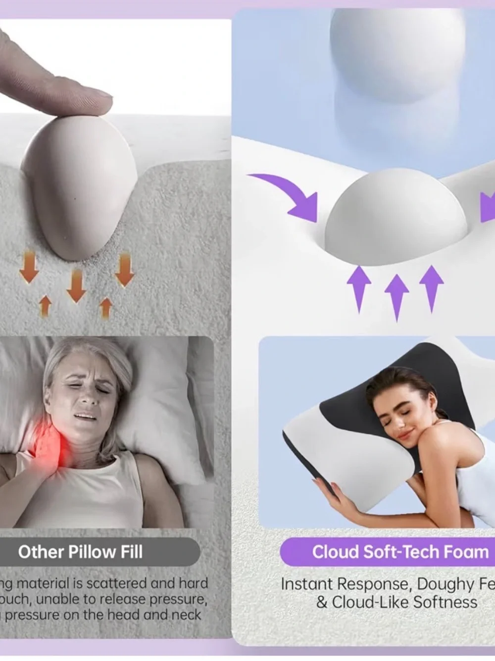 Contour Memory Foam Pillow in White and Charcoal - Ergonomic Neck Support